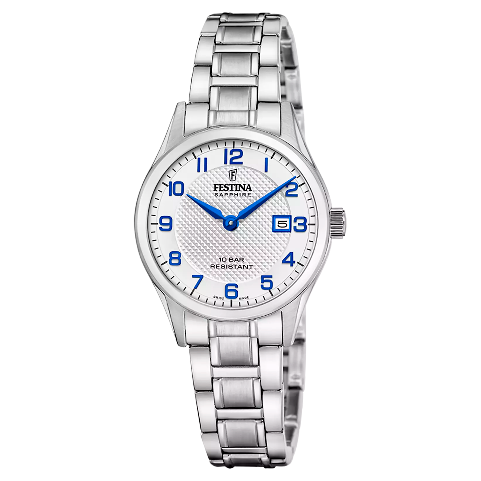 Silver-toned Festina women's watch with a white textured dial, blue hands, and a silver-toned link bracelet.
