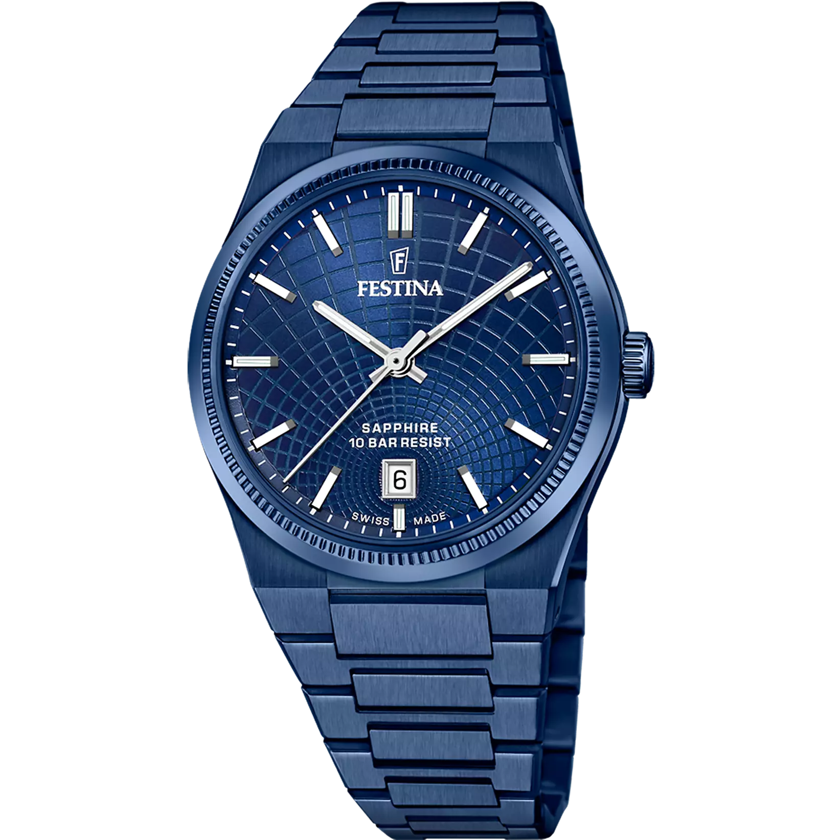 Dark blue Festina men's watch with a round case, textured dial, white baton hour markers, and an integrated metal link bracel