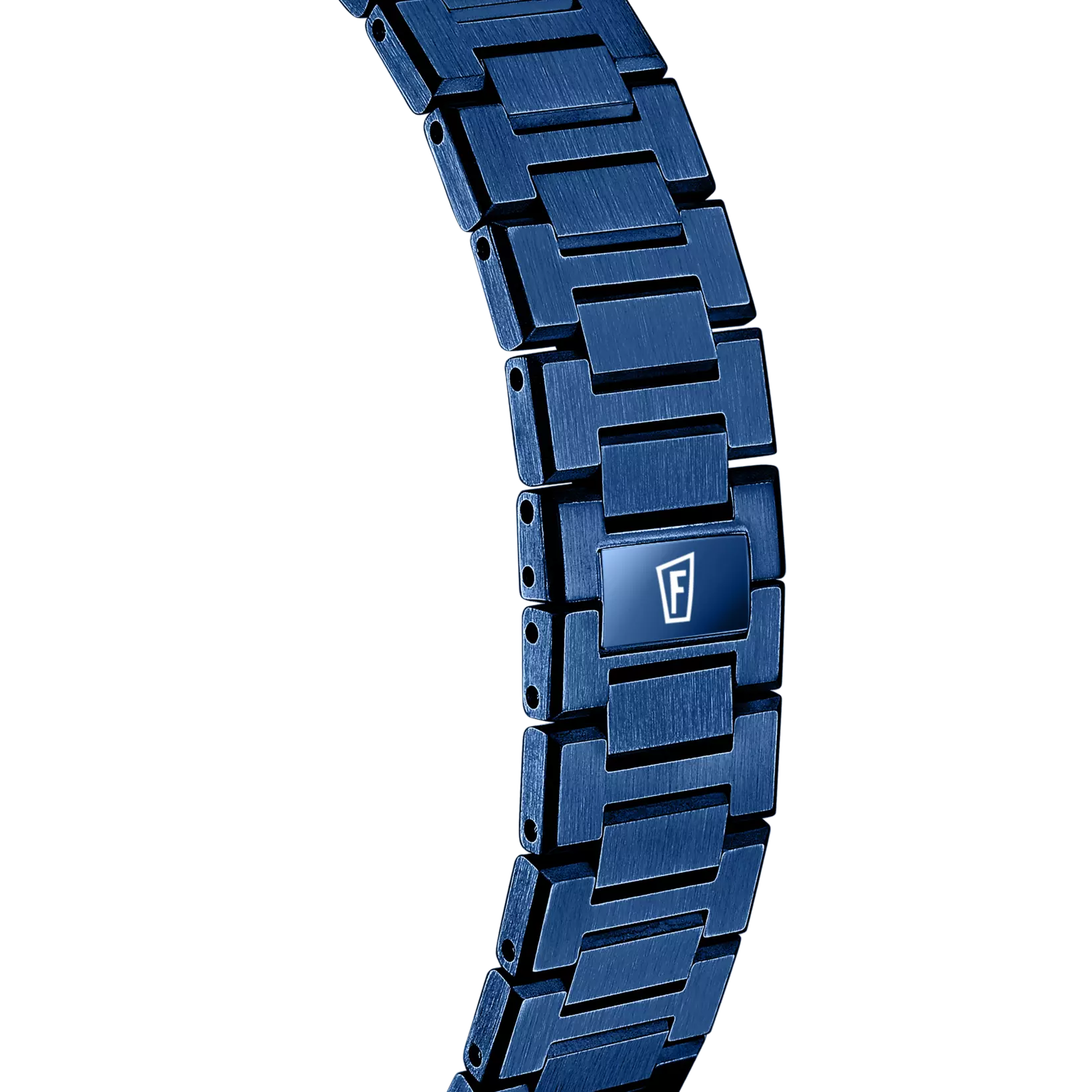 Curved blue metal watch band with brushed rectangular links. A central link has a white 'F' logo on a dark blue panel.