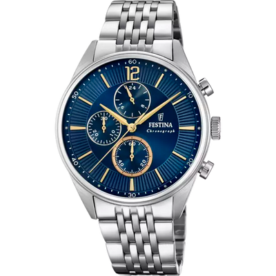 Festina Timeless Chronograph Gents Blue Dial Stainless Steel Watch