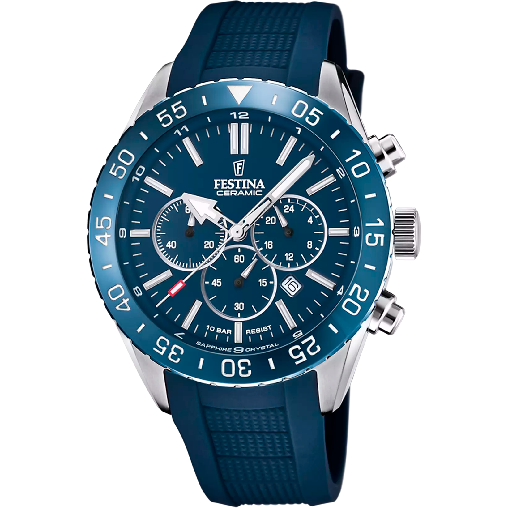Festina men's chronograph watch with a blue dial, blue ceramic bezel, and blue rubber strap.