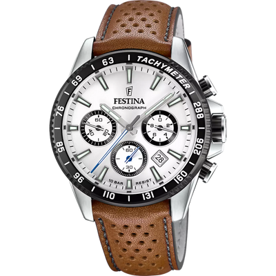 Festina Timeless Chronograph Men's Silver Dial Brown Leather Strap Watch