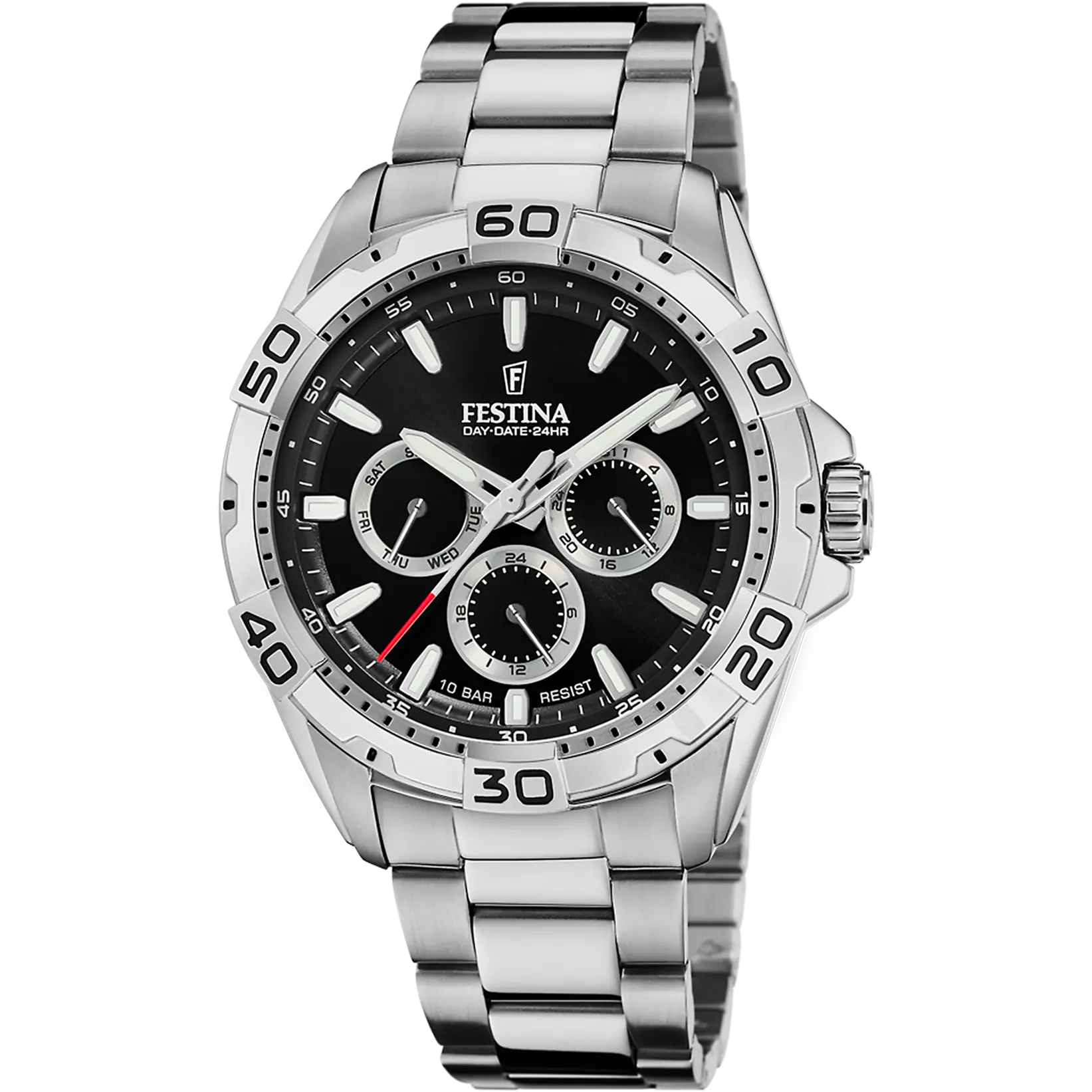 Festina men's watch with a silver-toned stainless steel case and bracelet, and a black dial with three sub-dials.