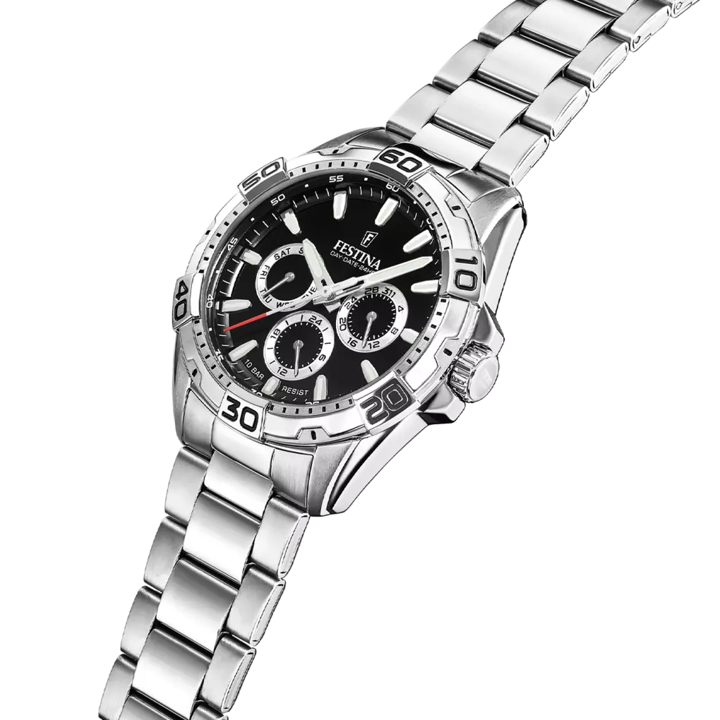 Silver-toned stainless steel men's watch with a black dial, three sub-dials, a numbered bezel, and a three-link bracelet.