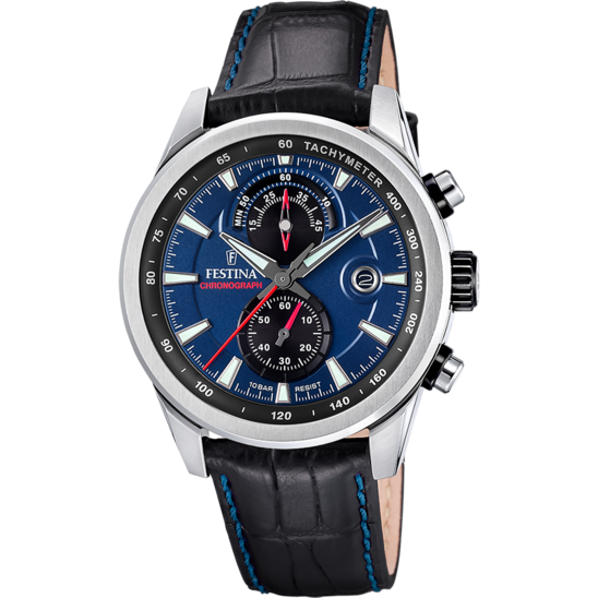 Festina Timeless Chronograph Gents Blue Dial Black Leather Strap Watch | Fashion Watches | GCC | Men | Mens | Mens Watches | Watch | Watches