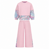 Pink kids' jogging suit with a crew-neck sweatshirt and wide-leg trousers, featuring light blue and pink abstract patterned p
