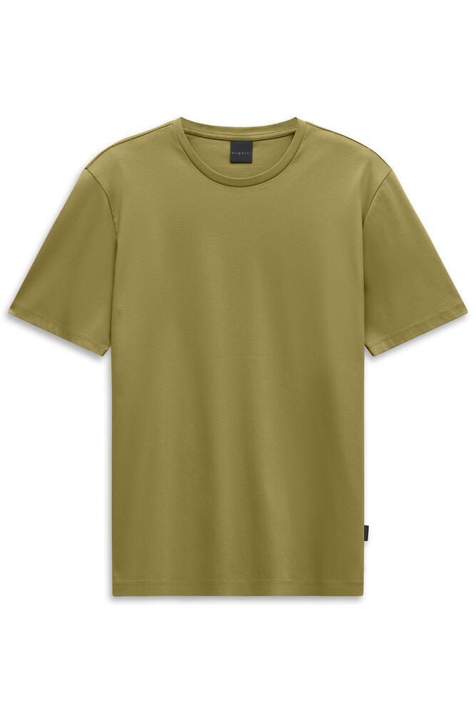 Kiwi green men's short sleeve T-shirt with a crew neck and a small black brand tag on the left side seam.