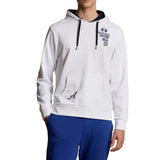 White hooded sweatshirt with navy drawstrings, navy hood lining, a front kangaroo pocket, and navy polo-themed chest graphic.