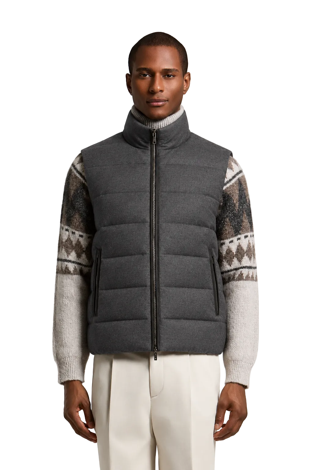 Carbon grey padded men's gilet with a stand collar, full-length zip closure, and horizontal quilting.