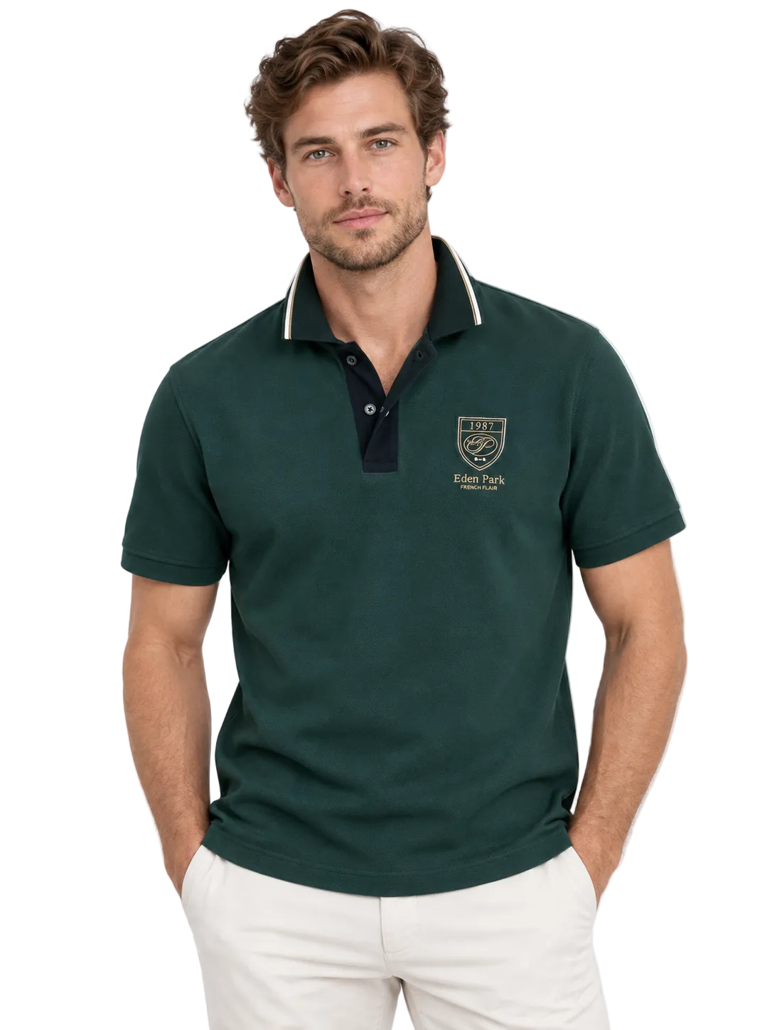 Dark green men's polo shirt with a contrasting navy collar, white stripe detail on sleeves, and an embroidered crest logo.