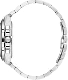Silver-toned metal watch with a thick case, central crown, and two rectangular pushers. Features a silver-toned link bracelet