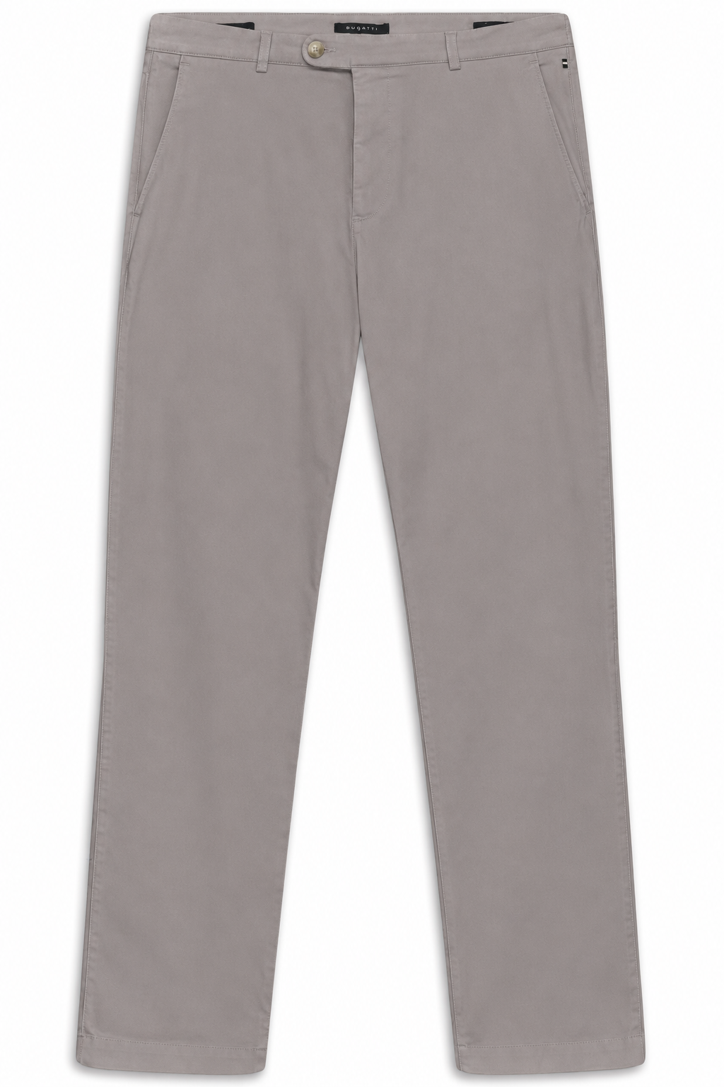 Grey casual trousers with a flat front, button and zip closure, belt loops, and slanted front pockets.