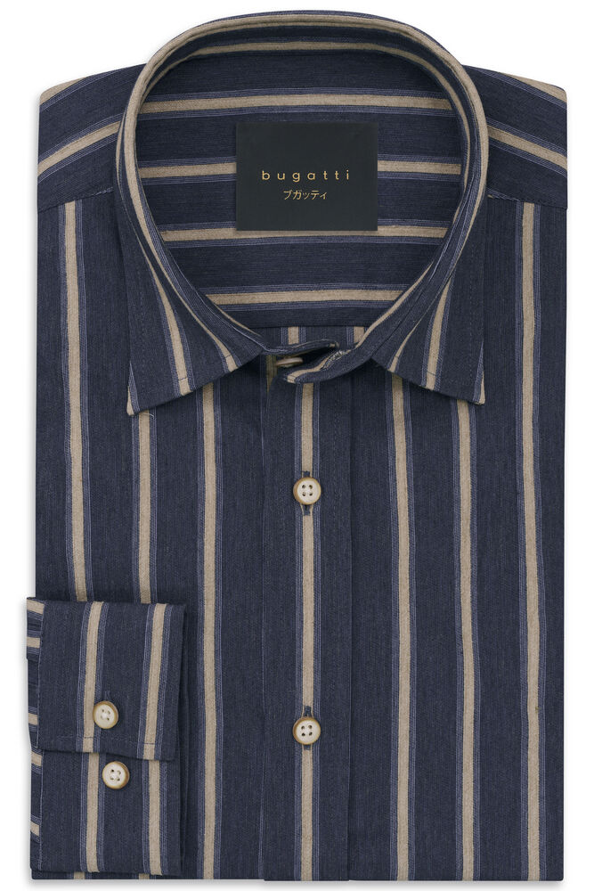 Navy blue casual shirt with vertical beige and light blue stripes, a point collar, and light-colored buttons on the front and