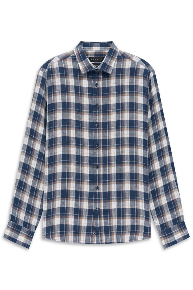 Navy blue, white, and brown plaid long-sleeved casual shirt with a standard collar and dark button-front.