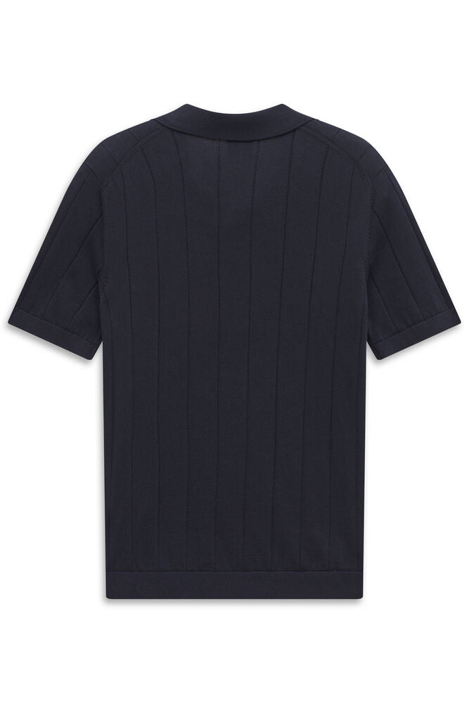 Navy blue short-sleeved polo shirt with vertical ribbing on the body and sleeves, and a flat knit collar and hem.