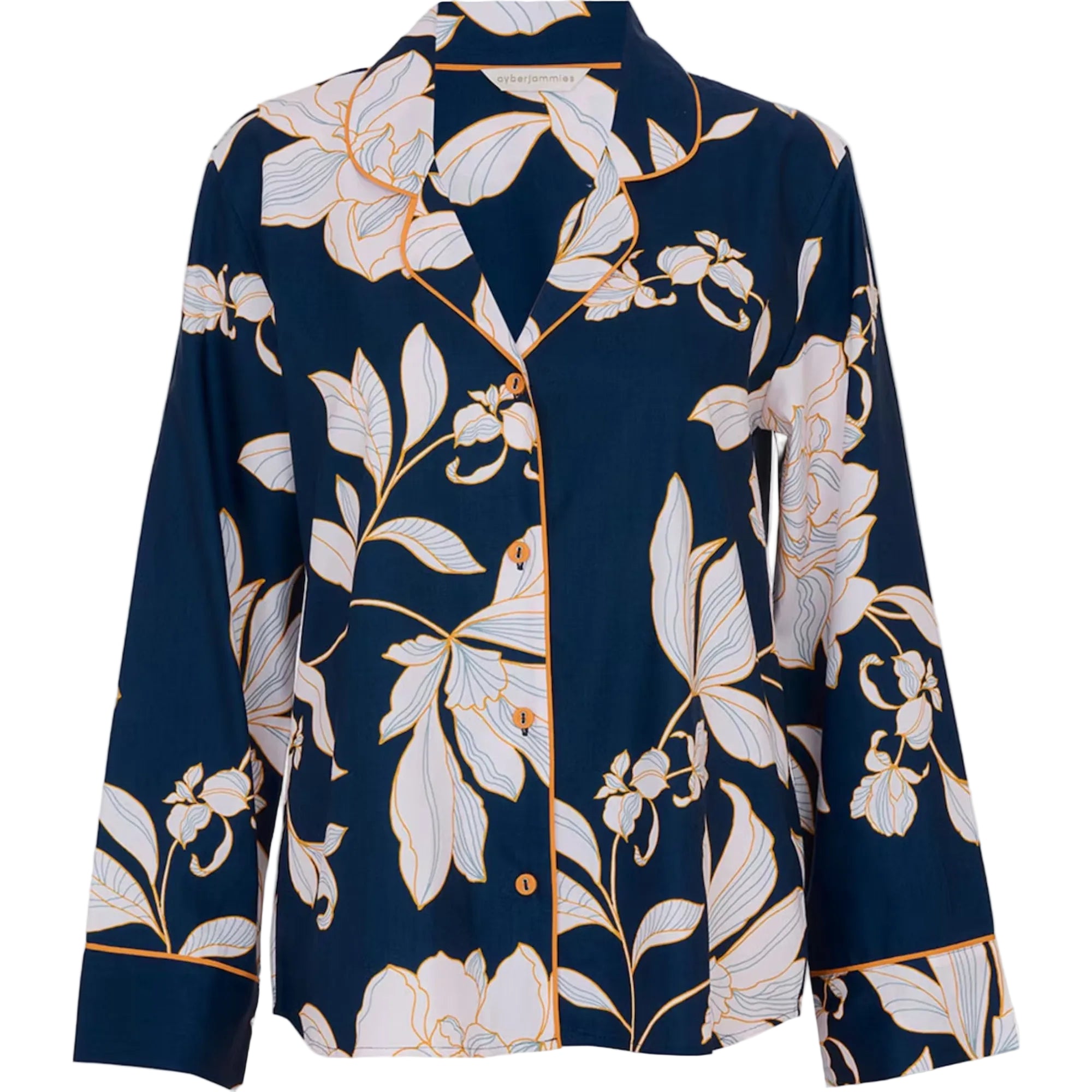 Navy blue long-sleeved pyjama top with white and light blue floral print, orange piping, and orange-toned buttons.