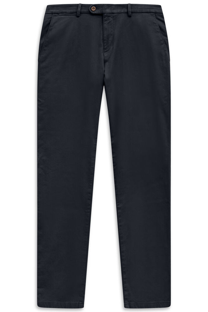 Navy blue chino trousers with a straight leg, belt loops, a brown button closure, and two slanted front pockets.