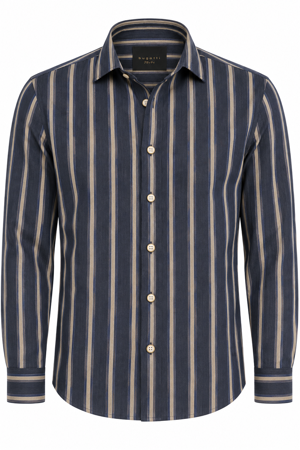 Navy blue long-sleeve casual shirt with vertical beige and thin blue stripes, a standard collar, and light-colored buttons.