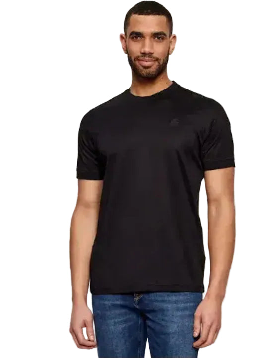 Midnight blue short-sleeved crewneck t-shirt with a subtle dark logo on the left chest.