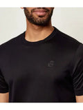Midnight blue crewneck t-shirt with short sleeves and a small, tonal embroidered logo on the left chest.