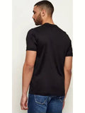 Black short-sleeved crewneck t-shirt with a smooth texture.