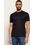 Dark midnight blue crewneck t-shirt with short sleeves and a small, tonal logo on the left chest.