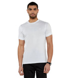 White cotton crewneck t-shirt with short, cuffed sleeves and a subtle white abstract logo on the left chest.
