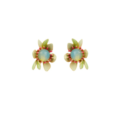Les Nereides Large Magnolia Flower And Blue Cabochon Earrings