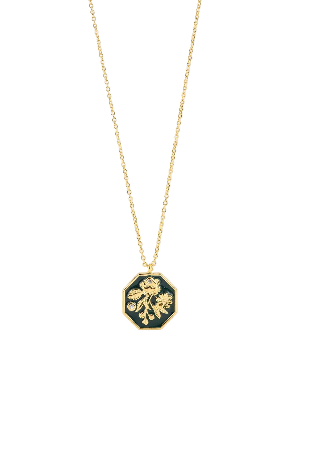 Gold-toned necklace with an octagonal dark green enamel pendant featuring a gold-toned floral design and two clear stones.