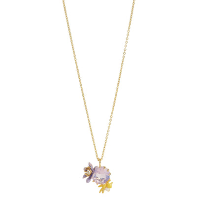 Les Nereides Round Purple Faceted Glass Stone And Magnolia Flower Pendant Necklace