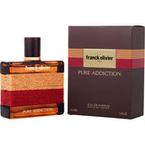 Franck Olivier Pure Addiction Eau de Parfum unisex bottle with amber glass, woven red and beige detail, shown with matching box.