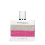 Franck Olivier Pure Femme Eau de Parfum bottle with white glass design, pink woven detail, and minimalist cap.