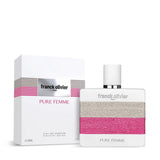 Franck Olivier Pure Femme Eau de Parfum bottle with white glass design, pink woven detail, and minimalist cap.