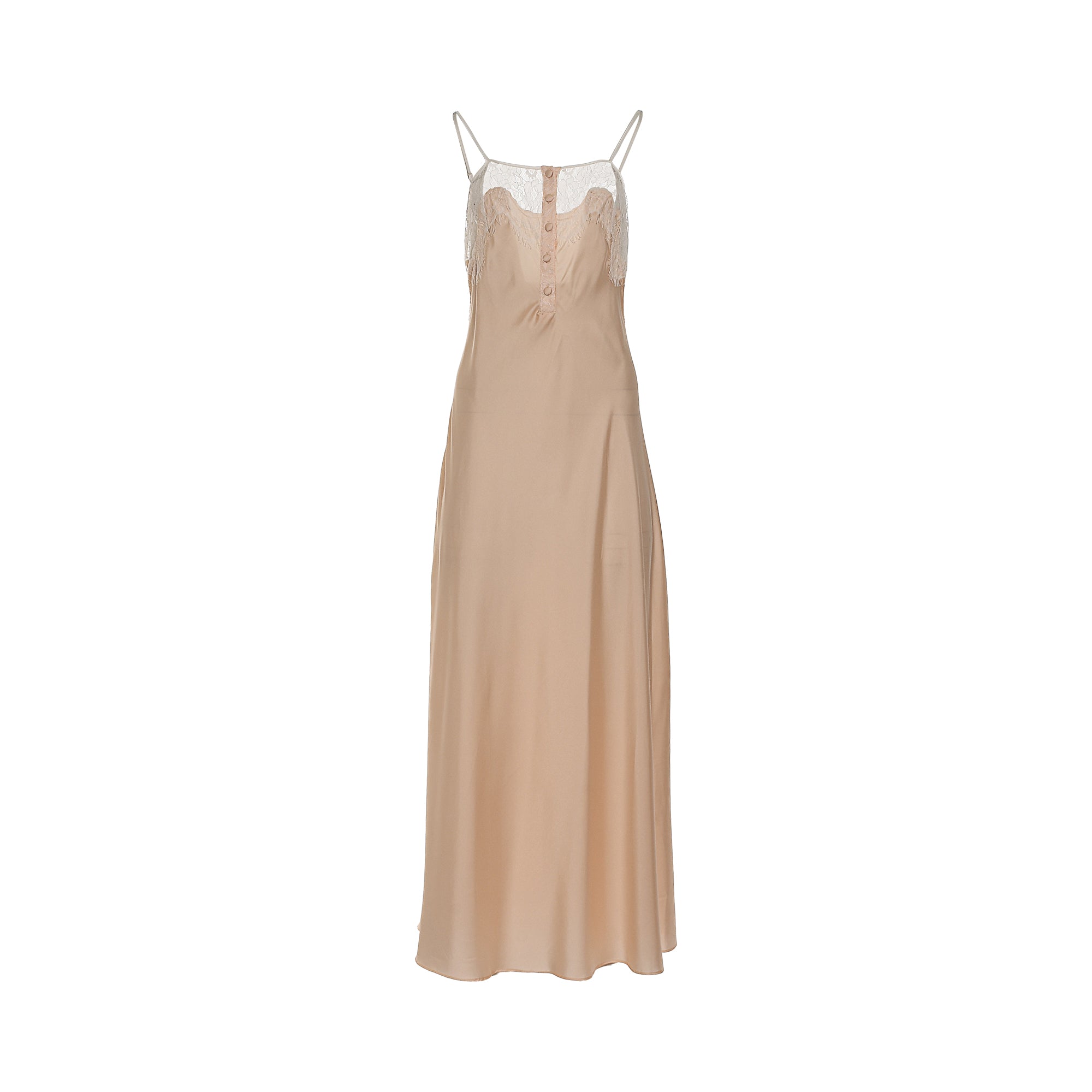 Nude satin long slip dress with thin straps, white eyelash lace V-neck trim, and five small buttons down the bodice.