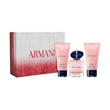 Giorgio Armani My Way fragrance gift set with a clear glass perfume bottle, two light pink body care tubes, and a silver and