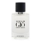 Clear glass bottle of Armani Acqua di Gio Eau de Parfum with light liquid, a silver-toned neck, and a dark, textured cylindri