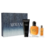 Emporio Armani Stronger With You fragrance gift set with amber-coloured EDT bottle, smaller amber bottle, black body product