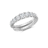 Silver-toned adjustable dual band ring with a row of clear brilliant-cut stones and a segmented second band.