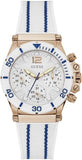 Guess Co-Pilot Ladies White Dial Rose Gold Case White With Blue Stripe Silicon Band Watch