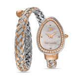 Guy Laroche Adeline women's jewelry watch with a white mother of pearl dial, crystal bezel, and a silver and rose gold braided wrap bracelet.