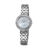 Luxury Guy Laroche Morgan women's watch with iridescent mother of pearl dial and crystal-encrusted bezel on a silver stainless steel link bracelet.