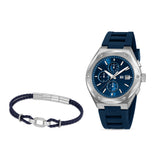 Guy Laroche Ren men's gift set featuring a navy blue chronograph watch with a brushed steel case and a matching blue braided leather-look bracelet.