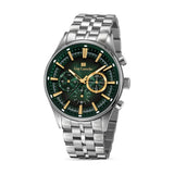 Guy Laroche Richard men's chronograph watch featuring an embossed forest green dial with gold-tone markers and a silver stainless steel bracelet.