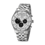 Guy Laroche Richard men's watch featuring a silver embossed dial with three black chronograph sub-dials and a stainless steel bracelet.