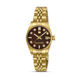 Guy Laroche Rosalie women's watch with a chocolate brown mother of pearl dial and gold-plated stainless steel jubilee strap.