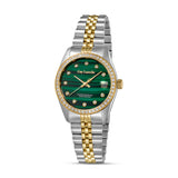 Guy Laroche Rosalie women's watch with a green malachite pattern dial, stone-set gold bezel, and two-tone silver and gold jubilee strap.