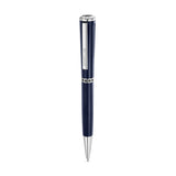 Guy Laroche Vincent luxury ballpoint pen in deep blue enamel with silver stainless steel accents and diamond-cut cap detail.