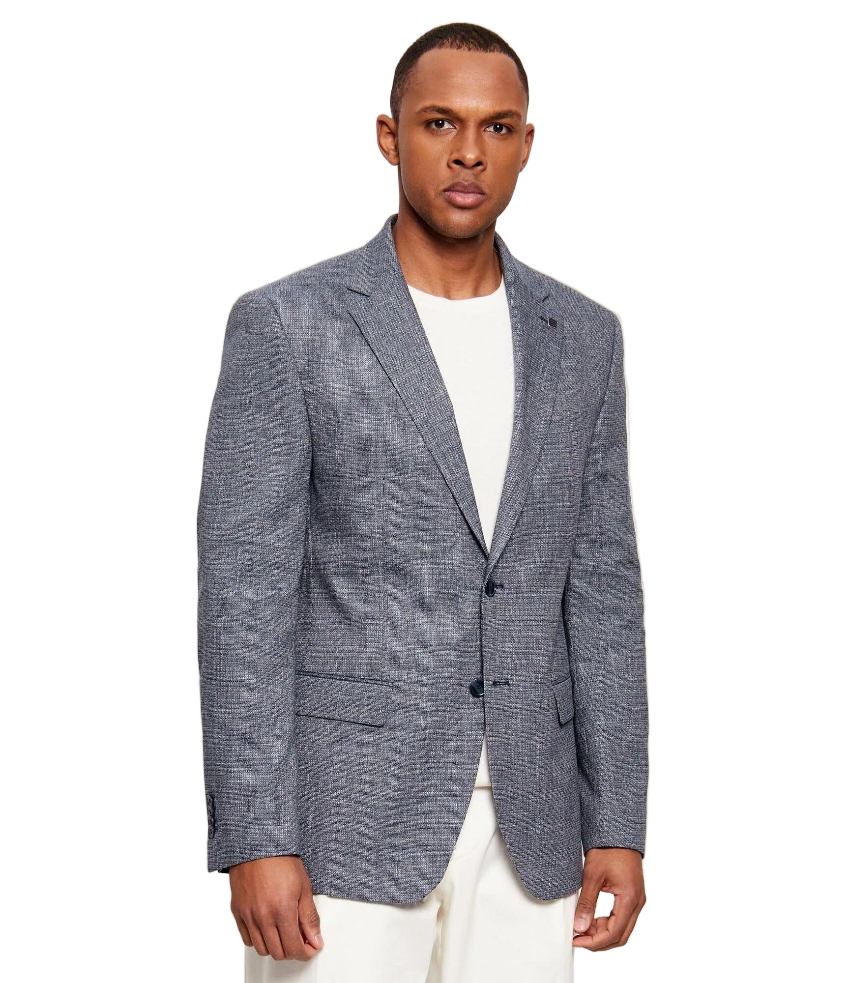 Dark blue Daniel Hechter single-breasted jacket with notched lapels, two front buttons, and flap pockets.