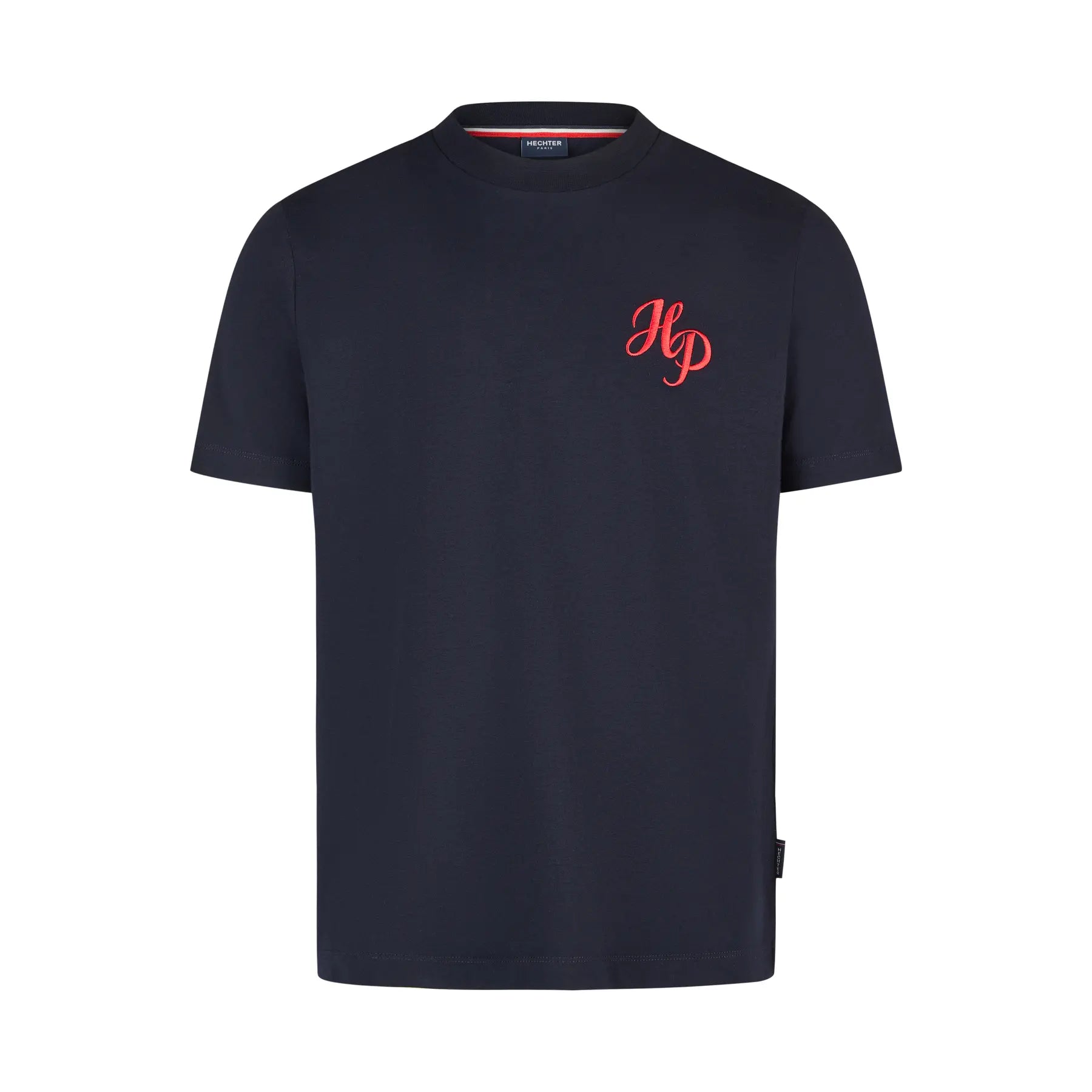 Midnight blue short-sleeved crew neck T-shirt with a red embroidered "HD" monogram on the chest.