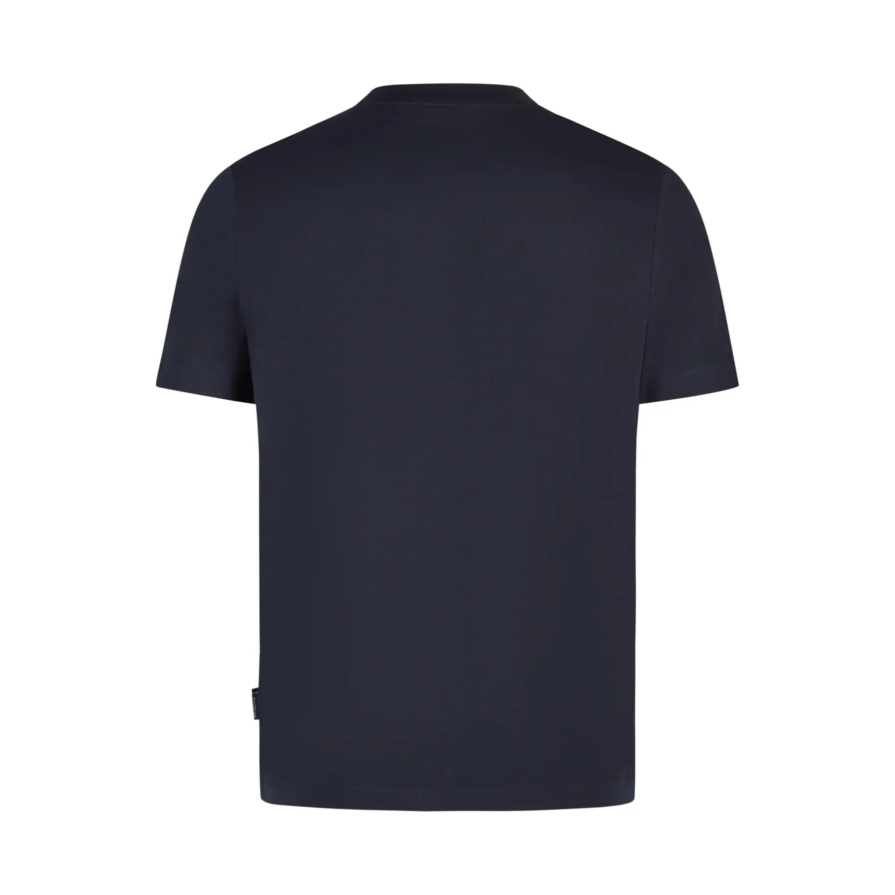Midnight blue short-sleeve crew neck t-shirt, seen from the back. Small black tag on the lower left side seam.
